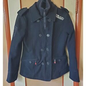 Superdry Women's Pea Coat Black Military Style Buttoned Embroidered Preloved